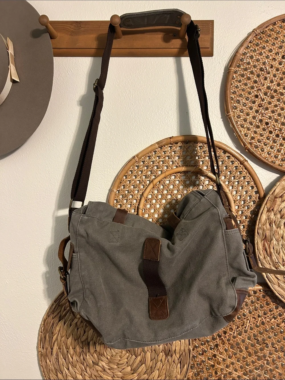 Peace Chaos Canvas Messenger Bag with Brown Leather Straps